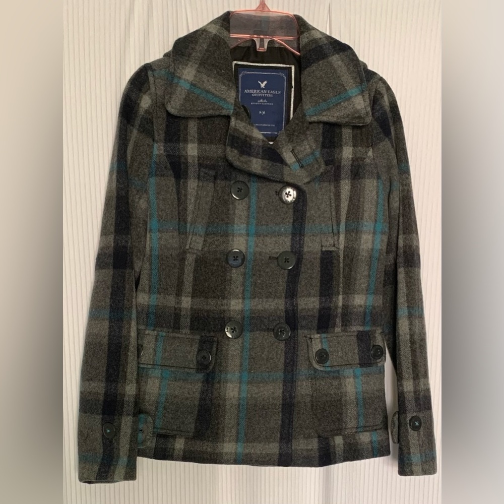 American Eagle Wool Blend Peacoat Grey and Blue Plaid 5 Pockets Small